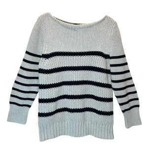 New J. Crew Lt. Gray/Navy Striped Cotton Chunky Knit Boat Neck Sweater - Large